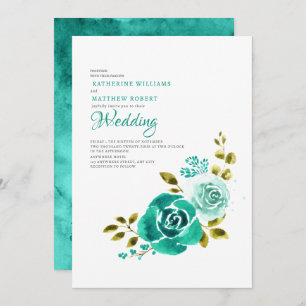 Invitation Élégant Mariage Turquoise blanc floral