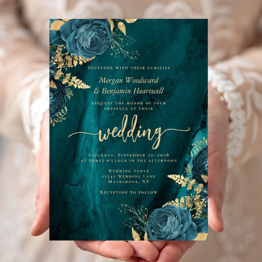 Invitation Élégant Mariage Turquoise Blue Gold Floral