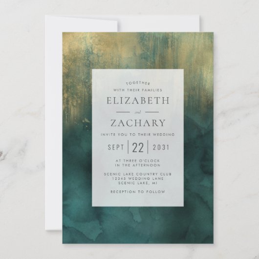 Invitation Elégant Mariage Turquoise Gold Watercolor (Devant)