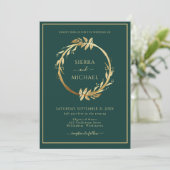 Invitation Élégant Mariage vert émeraude de feuillage doré (Debout devant)