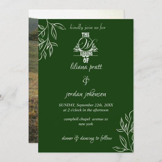 Invitation élégant mariage vert émeraude moderne en (Devant / Derrière)