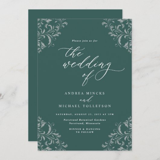 Invitation Élégant Mariage vert émeraude Vintage (Devant / Derrière)