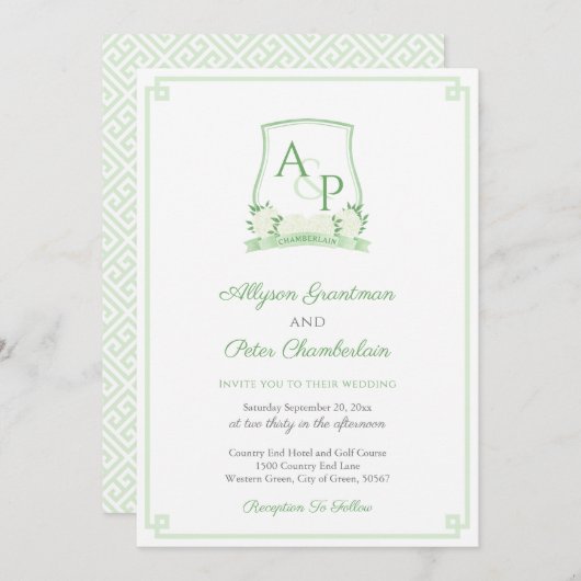 Invitation Élégant Mariage Vert Et Blanc Botanique Crest (Devant / Derrière)