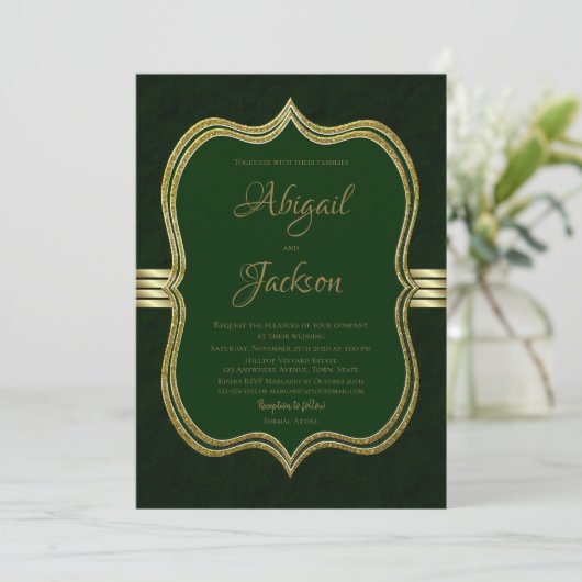 Invitation Élégant Mariage vert et or de la forêt (Debout devant)