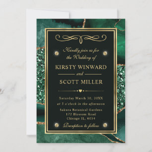 Invitation Élégant mariage vert et or paillettes agate océan