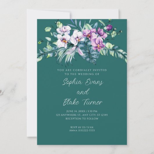 Invitation Élégant Mariage vert floral blanc et violet (Devant)