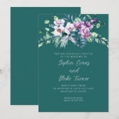 Invitation Élégant Mariage vert floral blanc et violet (Devant / Derrière)