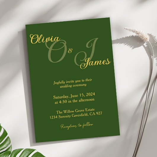 Invitation Élégant Mariage vert olive et or Monogramme