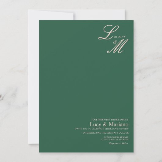 Invitation Élégant Mariage Vert Rose Monogrammé (Devant)