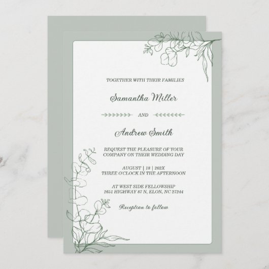 Invitation Élégant mariage vert Sage (Devant / Derrière)