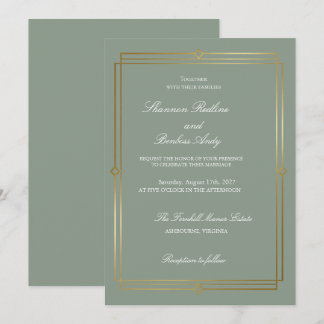 Invitation Élégant mariage vert sauge & or écriture moderne