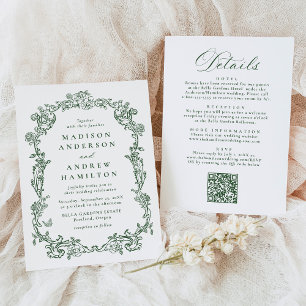 Invitation Élégant mariage vert victorien floral tout-en-un