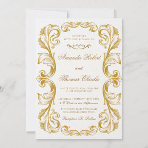 Invitation Élégant Mariage victorien blanc et or