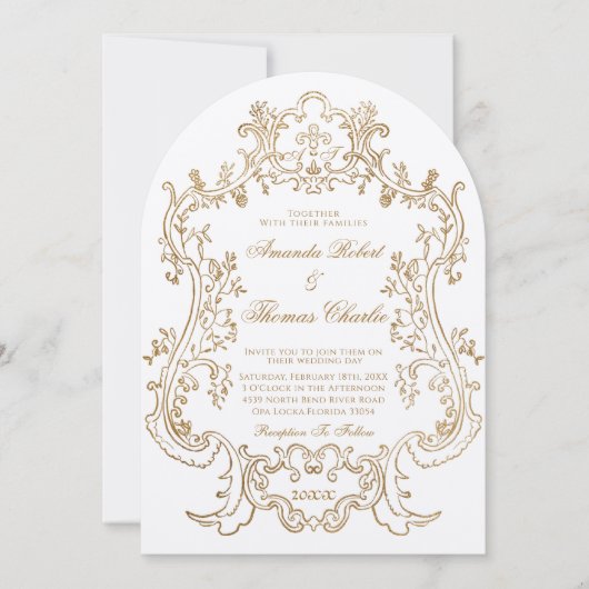 Invitation Élégant Mariage victorien blanc et or (Devant)
