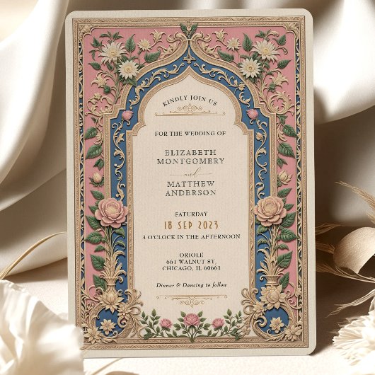 Invitation Élégant Mariage victorien rose et bleu floral