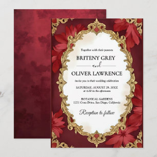 Invitation Élégant Mariage Vintage Floral Bourgogne et Or