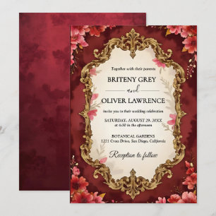 Invitation Élégant Mariage Vintage Floral Bourgogne et Or