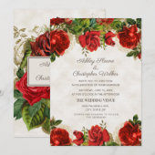 Invitation Élégant Mariage Vintage Red Roses (Devant / Derrière)