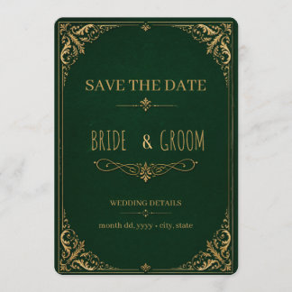 Invitation Élégant Mariage Vintage Vert Émeraude et Or