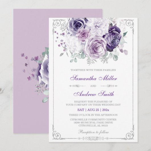 Invitation Élégant Mariage violet et argenté (Devant / Derrière)
