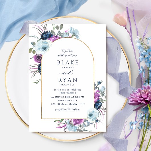 Invitation Élégant Mariage violet et bleu arche florale