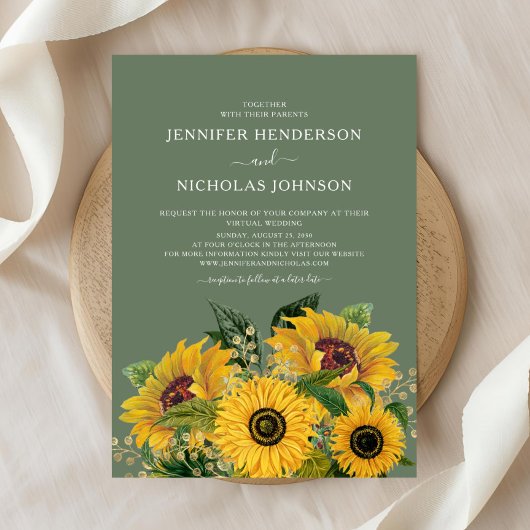 Invitation Élégant Mariage virtuel Floral Sunflowers