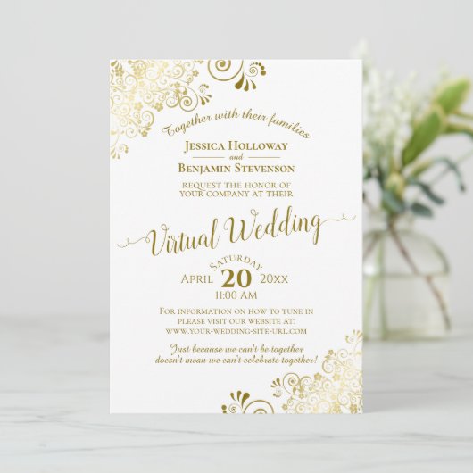 Invitation Elégant Mariage virtuel Gold & White Frilly (Debout devant)