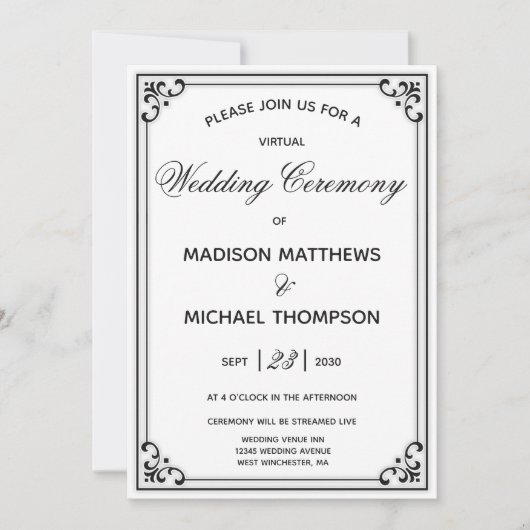 Invitation Élégant Mariage virtuel simple Mariage livestream (Devant)