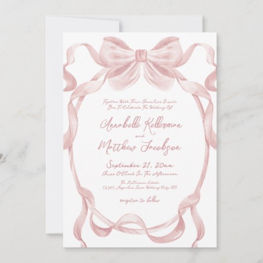 Invitation Élégant Mariage Whimsical Blush Pink Bow (Devant)