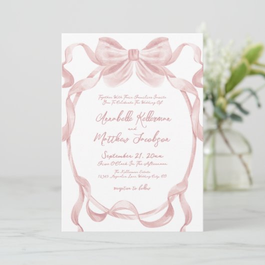 Invitation Élégant Mariage Whimsical Blush Pink Bow (Debout devant)