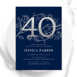 Invitation Elégant Marine Bleu Argent 40e anniversaire<br><div class="desc">Elégante invitation à la fête du 40e anniversaire bleu marine. Design féminin moderne et personnalisable avec des accents botaniques rose et de la fausse parties scintillant argent. Carte invitation florale simple parfaite pour une célébration anniversaire élégante. Personnalisez avec vos propres détails. Invitations Zazzle imprimées ou téléchargement instantané modèle imprimable numérique....</div>