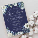 Invitation Elégant Marine Bleu Blanc Floral Bat mitzvah moder<br><div class="desc">De belles fleurs de pivoines blanches et des feuilles d'aquarelle verte forment une bordure élégante sur cette jolie invitation à la Bat mitzvah à fleurs bleu marine. Le nom de votre fille est écrit en calligraphie blanche et chic sur cette cérémonie ou l'invitation d'un parti pour une famille juive célébrant...</div>
