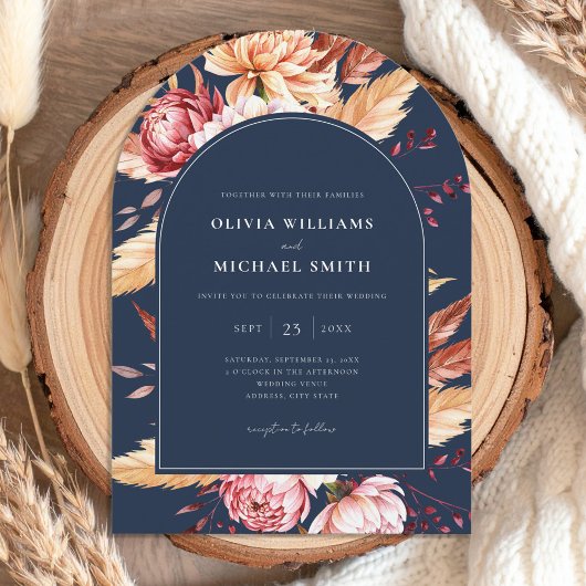 Invitation Elégant Marine Bleu Boho Chic Floral Mariage