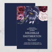 Invitation Elégant Marine Bleu Bourgogne Floral 50e Anniversa (Devant / Derrière)