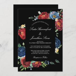 Invitation Elégant Marine Bleu Bourgogne Rouge Floral Mariage