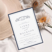 Invitation Élégant Marine bleu Crest Monogram Mariage