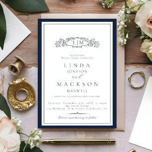 Invitation Élégant Marine bleu Crest Monogram Mariage