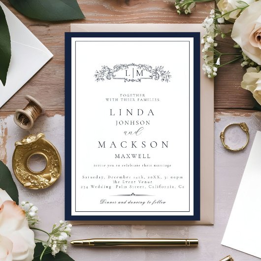 Invitation Élégant Marine bleu Crest Monogram Mariage