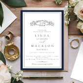 Invitation Élégant Marine bleu Crest Monogram Mariage