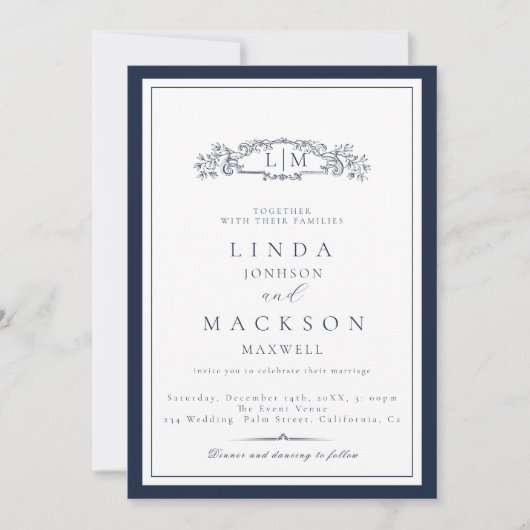 Invitation Élégant Marine bleu Crest Monogram Mariage (Devant)