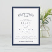 Invitation Élégant Marine bleu Crest Monogram Mariage (Debout devant)