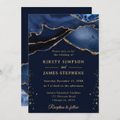 Invitation Elégant Marine bleu et or Parties scintillant Agat (Devant / Derrière)