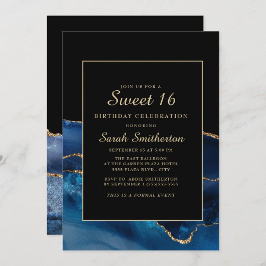Invitation Elégant Marine Bleu Or Agate Marbre Douce 16 (Devant / Derrière)