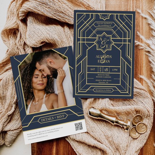 Invitation Elegant Marine Bleu Or Art Déco QR Code Photo