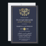 Invitation Elégant Marine Bleu & Or Masquerade Sweet 16 Party<br><div class="desc">Elégante Marine Bleu & Or Masquerade Sweet 16 Invitations de fête. Doté d'un faux masque en feuille d'or en haut. Parfait pour une fête de 16 ans moderne et classe !</div>