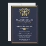 Invitation Elégant Marine Bleu & Or Masquerade Sweet 16 Party<br><div class="desc">Elégante Marine Bleu & Or Masquerade Sweet 16 Invitations de fête. Doté d'un faux masque en feuille d'or en haut. Parfait pour une fête de 16 ans moderne et classe !</div>