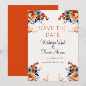 Invitation Elégant Marine Bleu Orange Floral Enregistrer la d (Devant / Derrière)