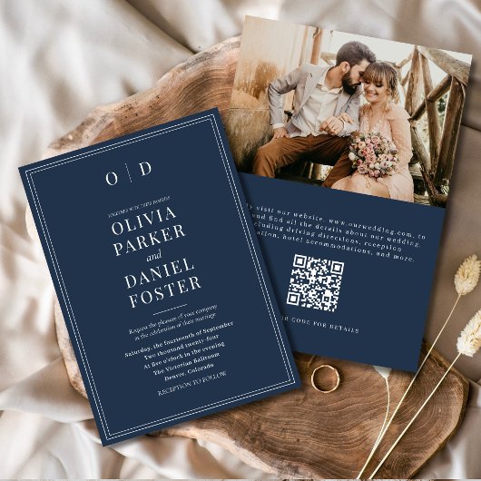 Invitation Elegant Marine Bleu Photo QR Code Mariage