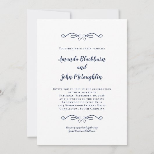 Invitation Elégant Marine Bleu Romantique Formal Chic Mariage (Devant)