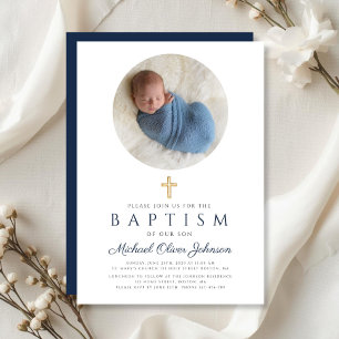 Invitation Élégant Marine Bleu Script Boy Photo Baptême